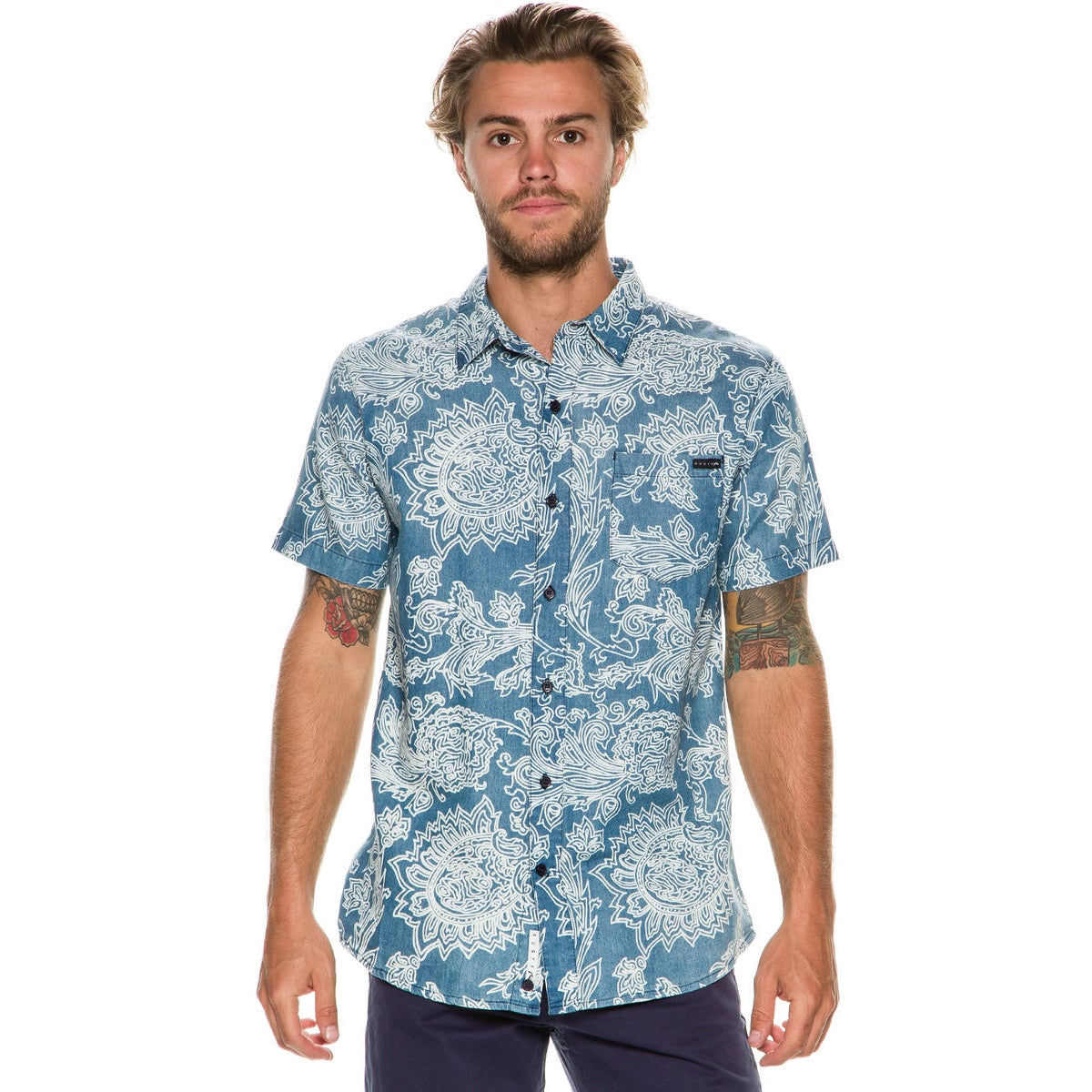 Rusty Delt Men's Button Up Short-Sleeve Shirts - Blue Acid Wash